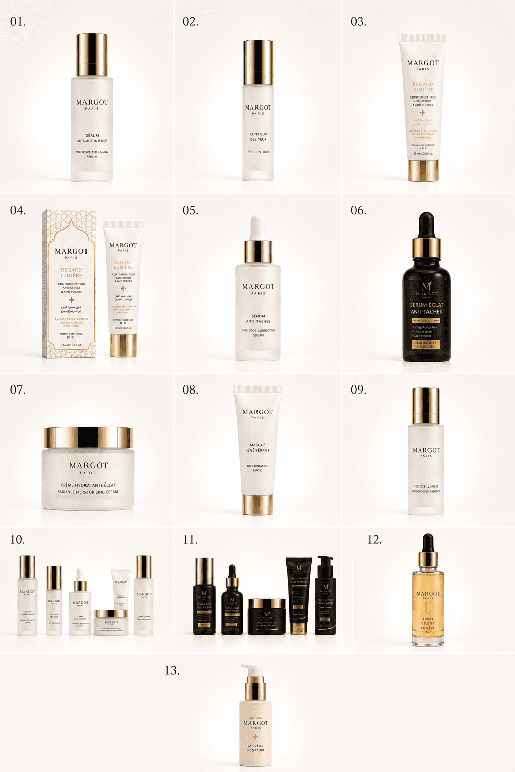 Collection de produits Margot Paris — soins, sérums, contour des yeux, crème, masque et extensions de gamme